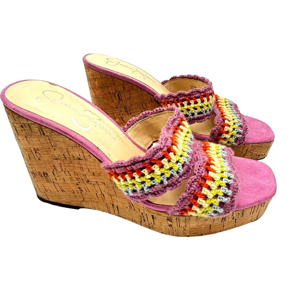 JESSICA SIMPSON‎ 8.5 Purple Satela Cork Wedge Slip On Crochet Strap Sandals Y2K
